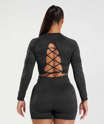 Gymshark Adapt Camo Seamless Lace Up Back Ženske Ošišane Majice Crne Crne Sive | HR 3656RVD